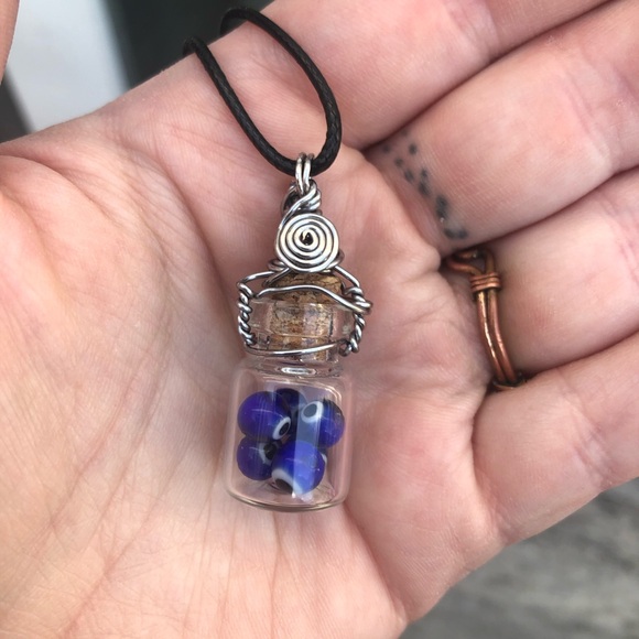 Evil Eye Protection Bottle Necklace Wire Wrapped - in Titanium Wire - Picture 4 of 10